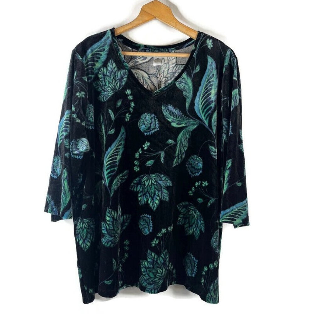 Catherines Womens Tunic Blouse Shirt Top Size 2X Black Green Velvet Floral